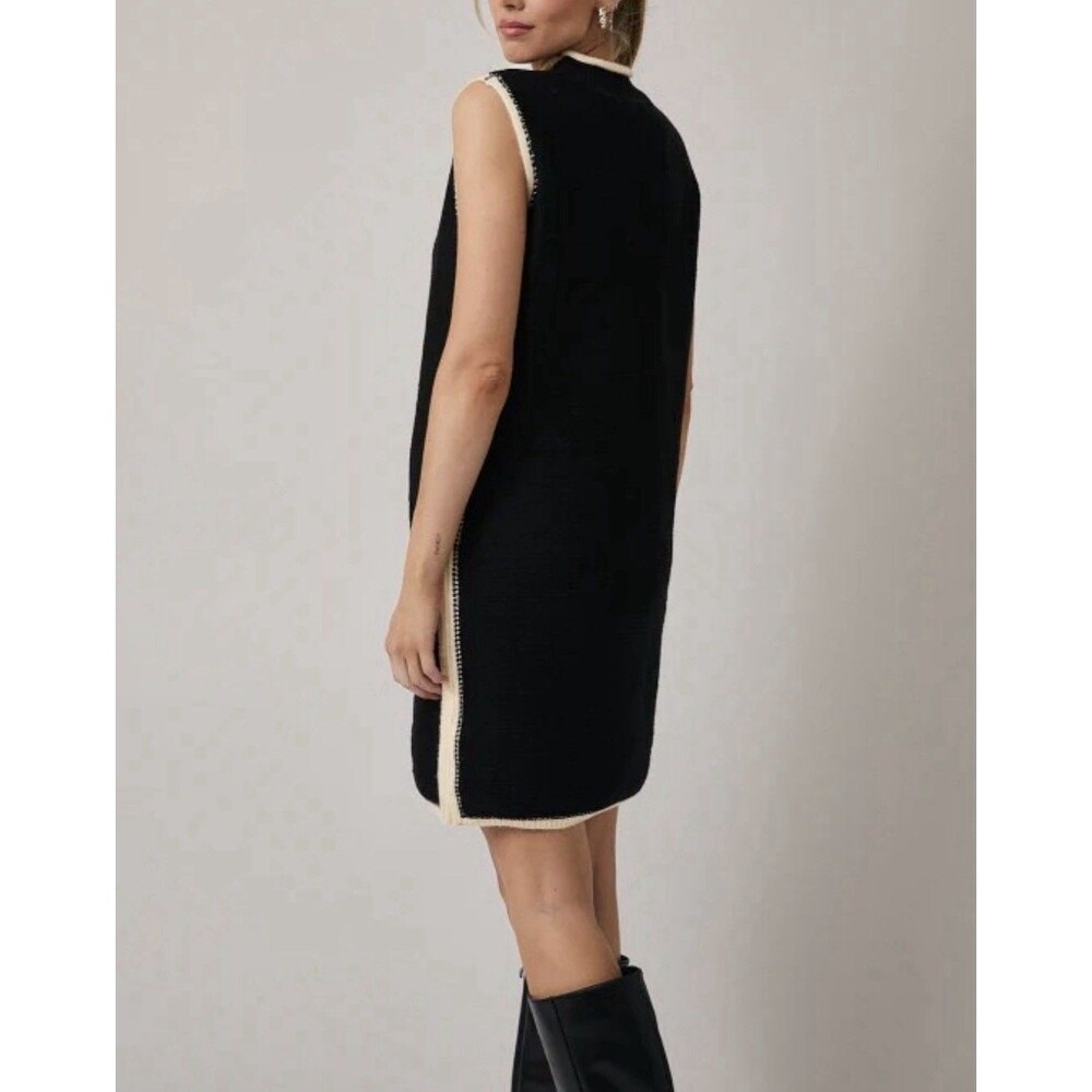 NWT Tank Sweater Knit Midi Black Cream Stretch Dress Sz S Pockets Mockneck - Picture 5 of 16